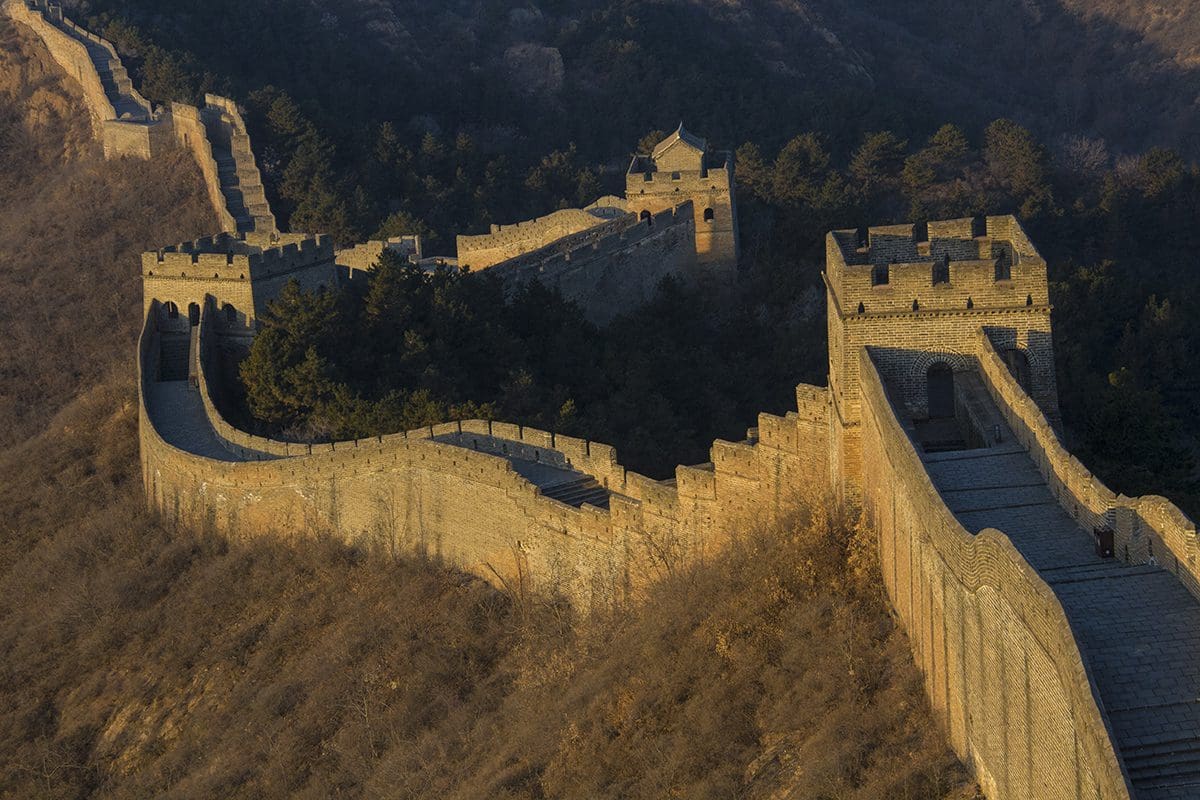 An aerial view of the great wall of china.