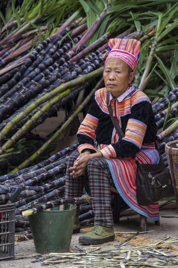 A woman is sitting on a stool next to a pile of bamboo stalks.