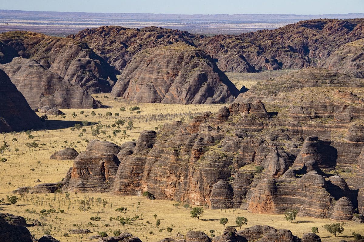 An aerial view of a large area of rock formations.