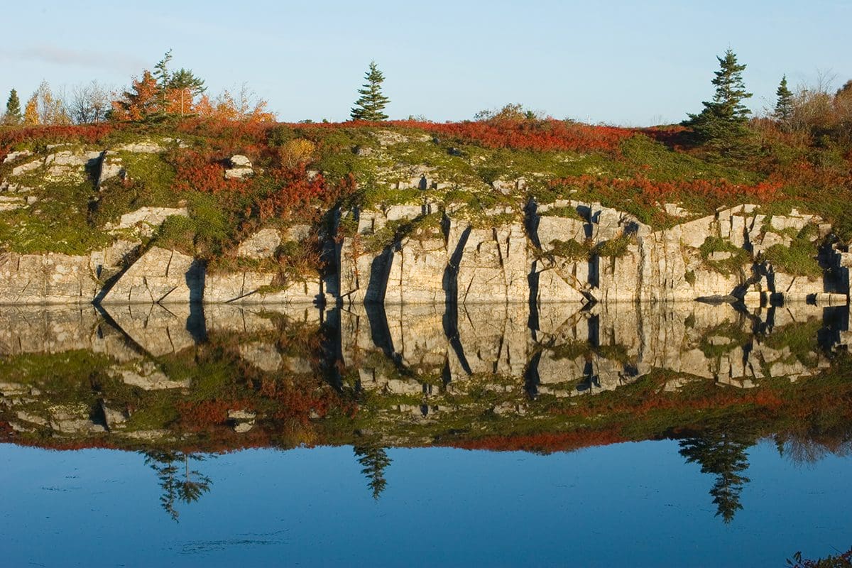 A rocky shore with a pond reflected in it.