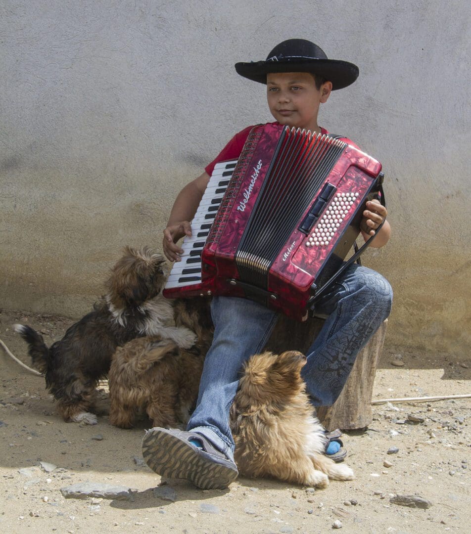 A boy playing an accordion.