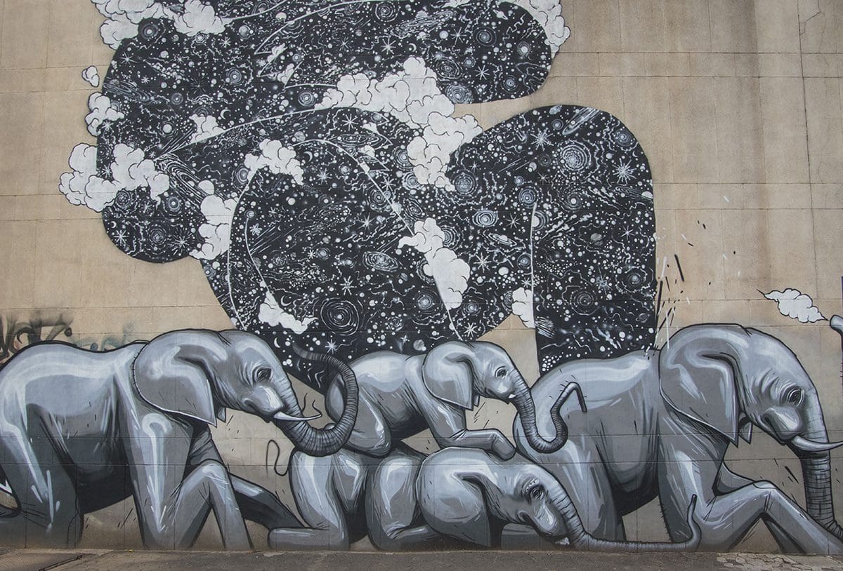 A mural of elephants on the side of a building.