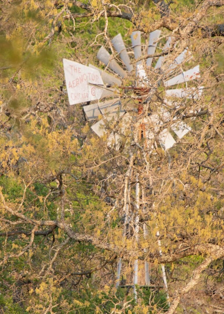 A windmill in the woods with a sign on it.