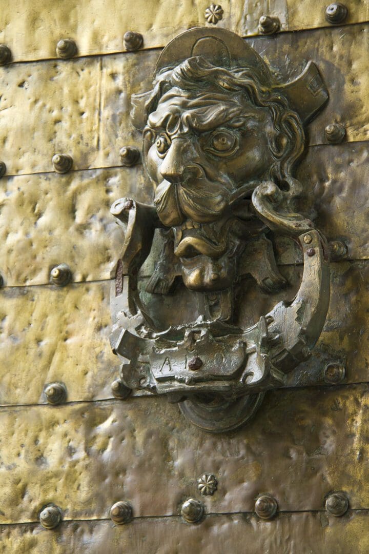 A brass door handle with a lion head on it.