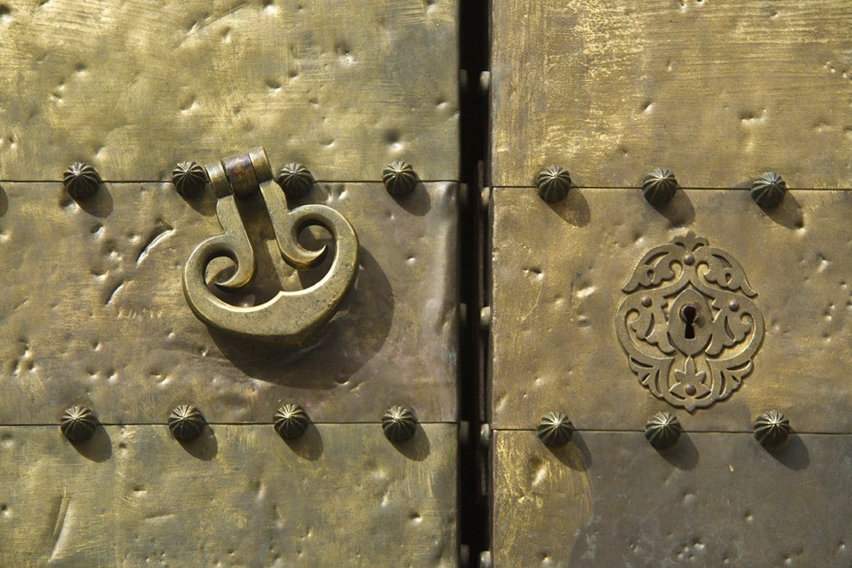 A close up of a brass door with a hook on it.