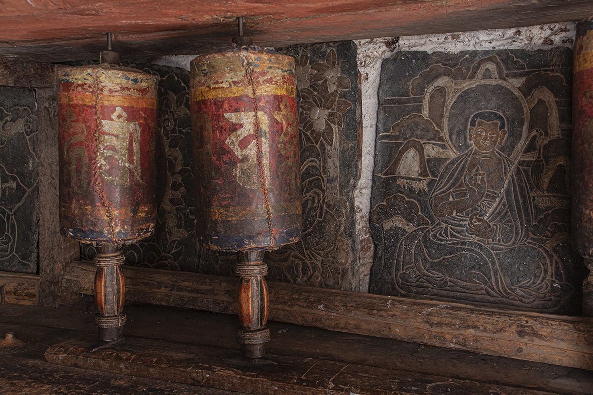 Buddhist prayer wheels in tibet.