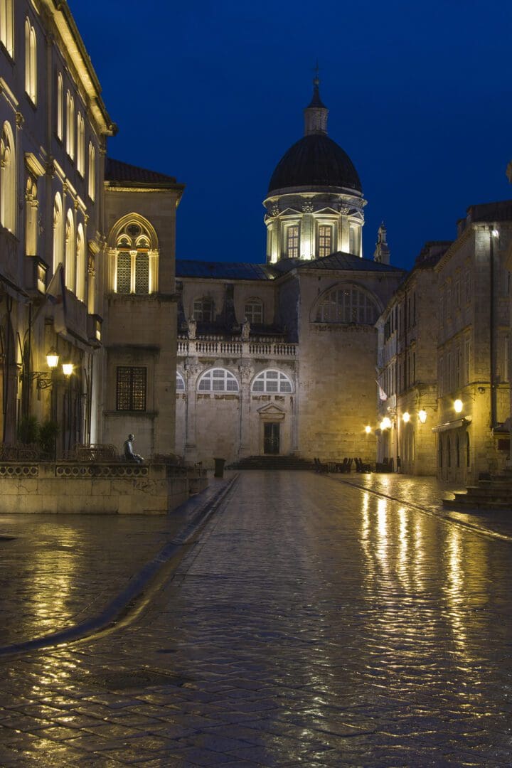 A wet cobblestone street in croatia.