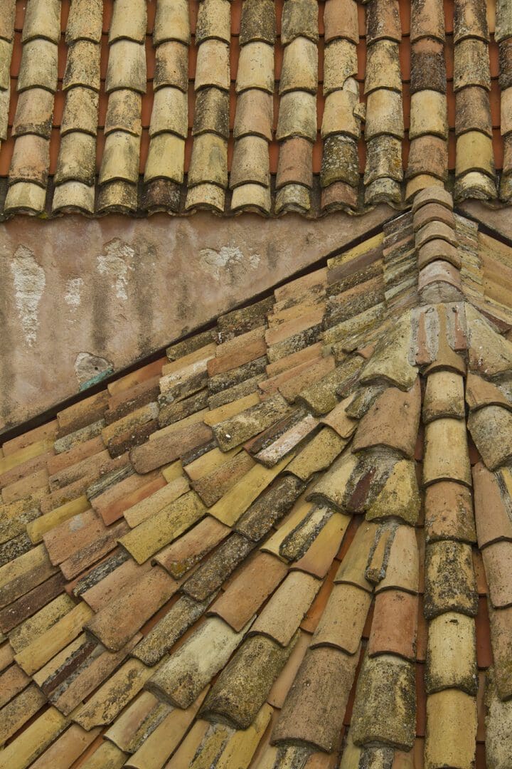 A close up of a tiled roof.