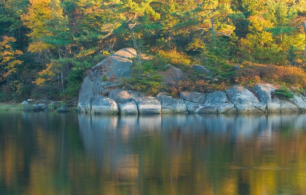 A lake surrounded by trees and rocks.