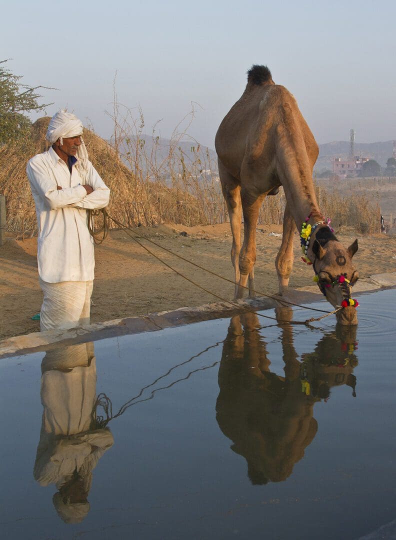 A man drinking water from a camel.