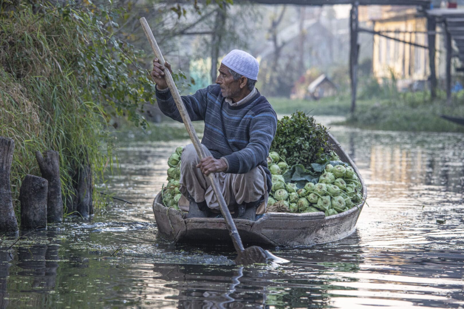 A man is paddling a boat full of vegetables.