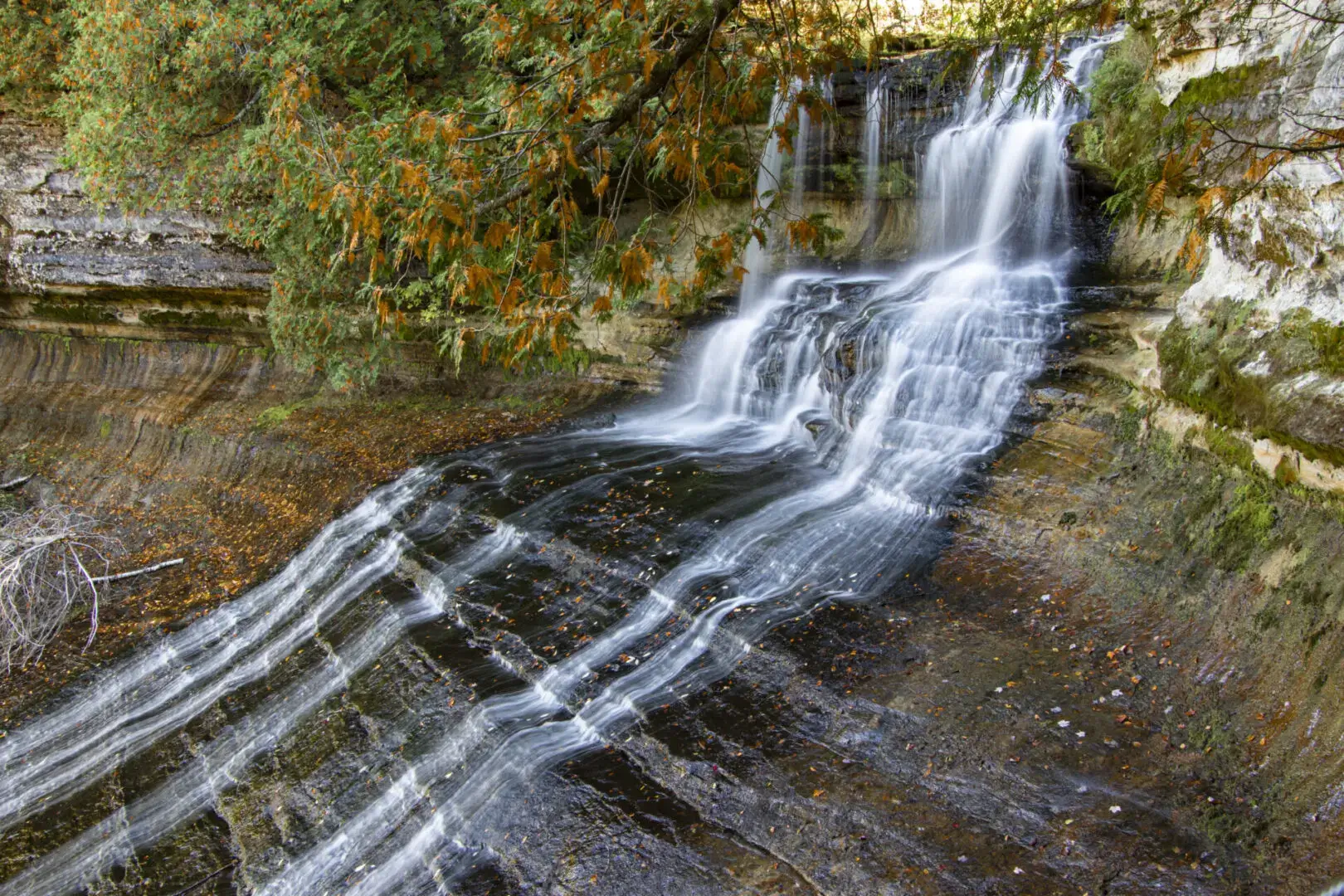 A waterfall in a wooded area with trees in the background.
