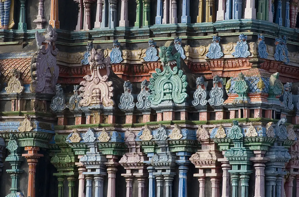 An ornately decorated building in tamil nadu.